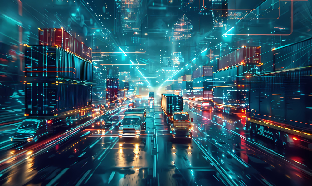 Imagen de una ciudad inteligente con sistemas de transporte público eficientes, optimizados mediante espacios de datos